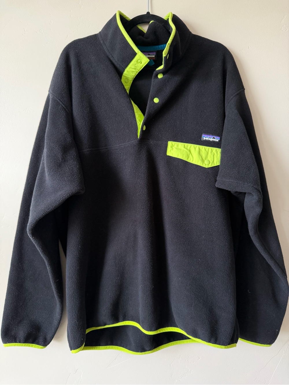 Patagonia Black Fleece Pullover with Neon Lime Accents
